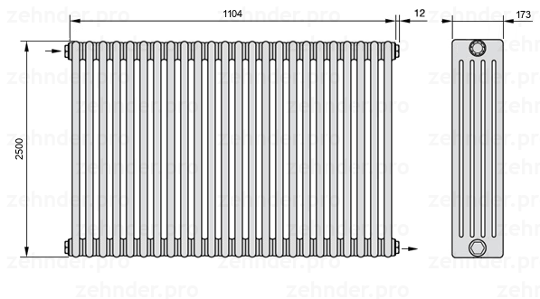 Схема (чертеж) Радиатор Zehnder Charleston 5250/24 №1670 Белый глянцевый RAL 9016